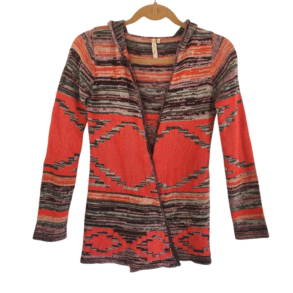Red Camel Aztec Hooded Open Front Red and Gray Cardigan XS